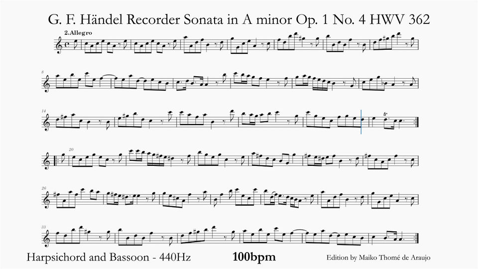 2 ALLEGRO - CFa 440Hz 100Bpm- Recorder Sonata in A minor Op. 1 No. 4 HWV 362